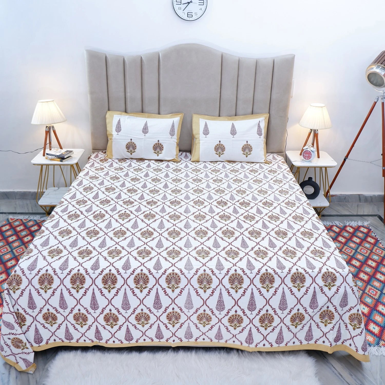Elegant pure cotton bed sheet Jaipur with intricate floral design, perfect for cozy bedroom decor